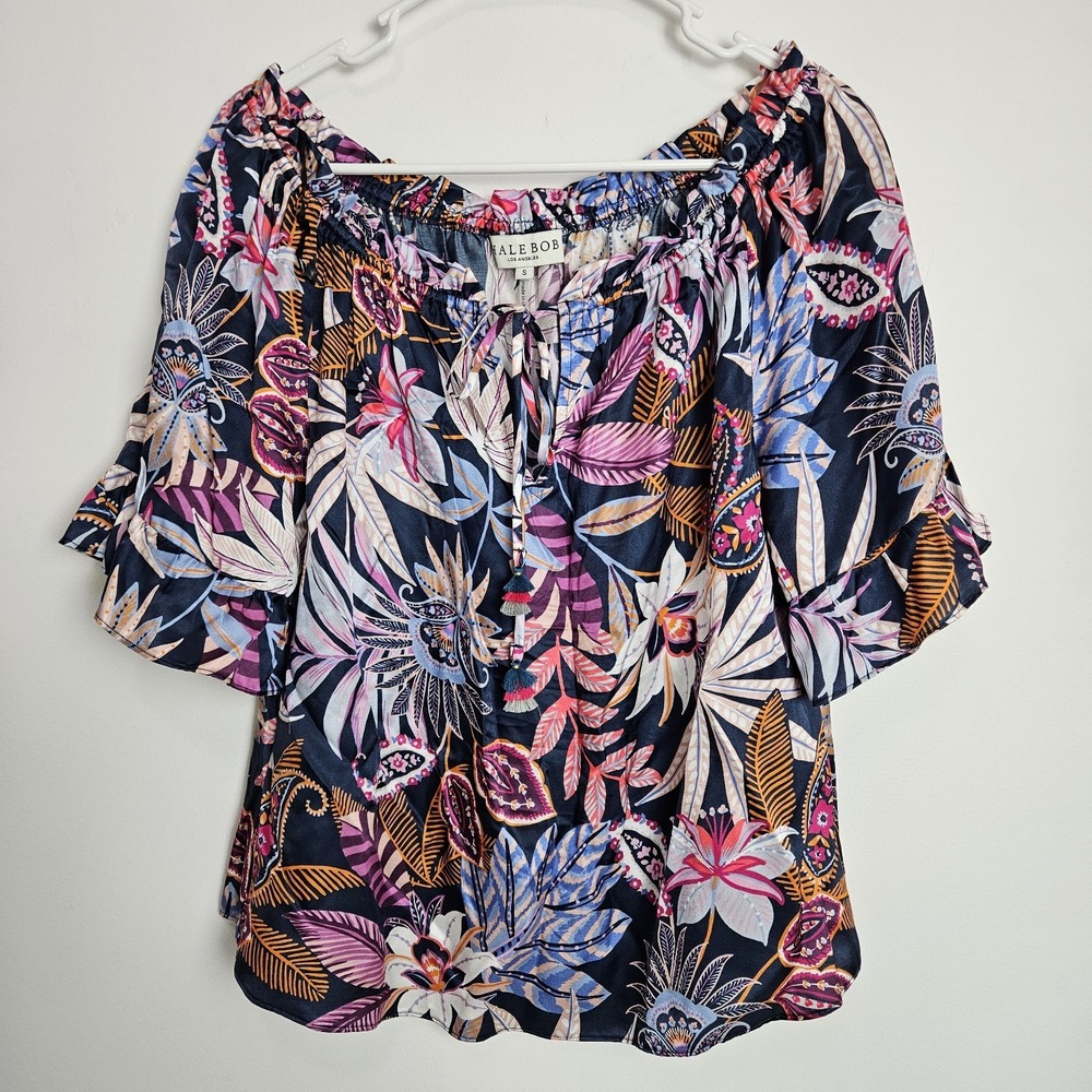 Hale Bob Blouse Size S Off The Shoulder Tassle Silk Blend Floral Tropical Top